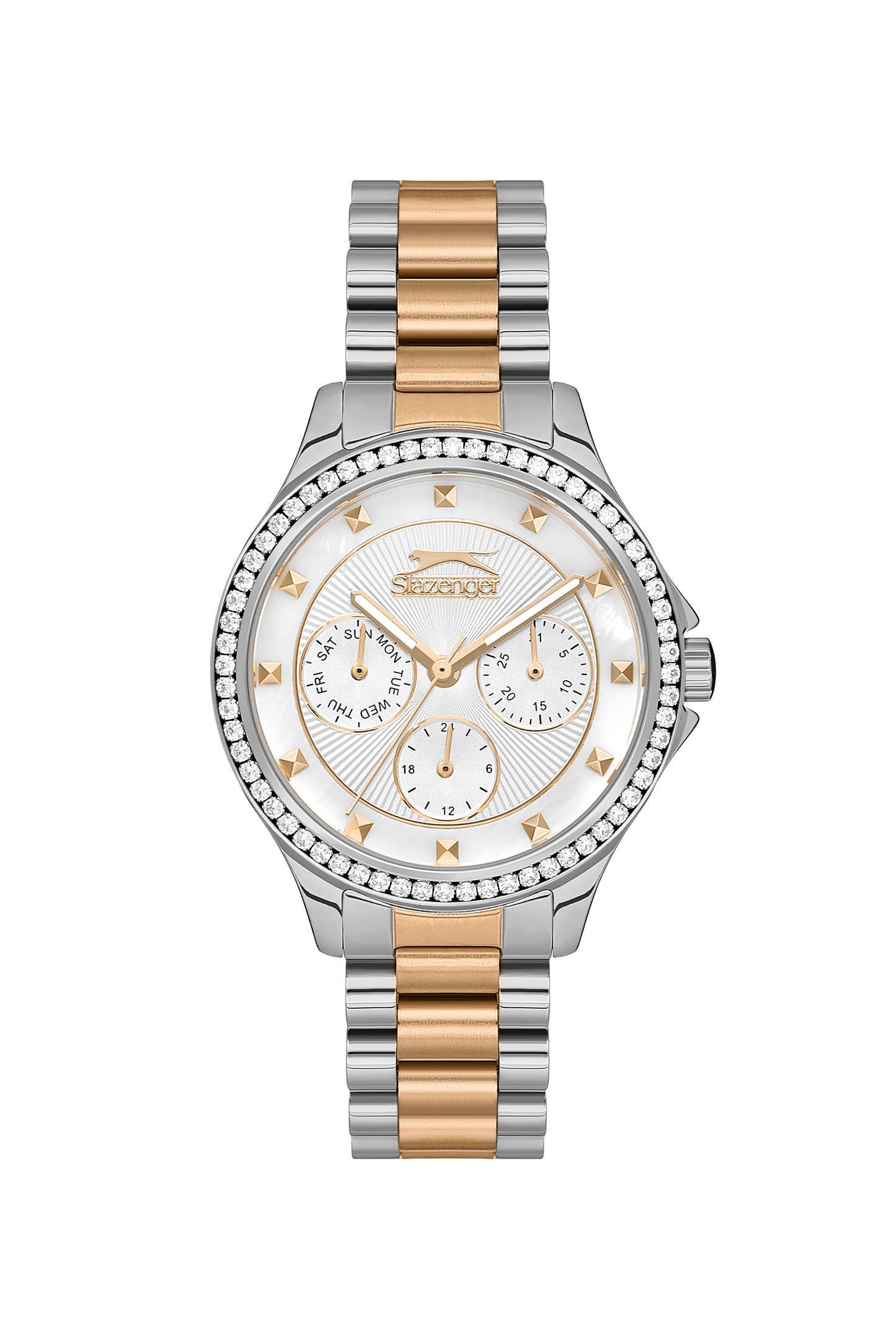 SLAZENGER KAYLA SILVER & GOLDEN ST. STEEL WHITE DIAL MULTIFUNCTION FOR WOMEN