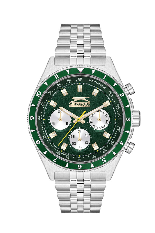 SLAZENGER HECTOR SILVER ST. STEEL GREEN DIAL MULTIFUNCTION FOR MEN